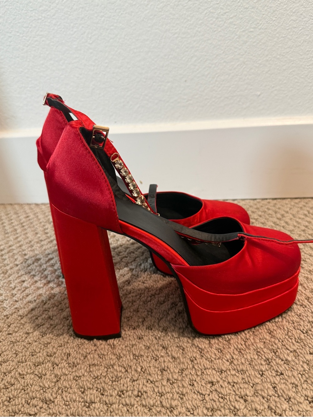 Red Satin Platform Block Heel Pumps with T-Strap